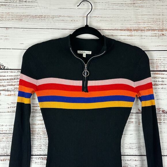 Womens Y2K Charlotte Russe Long Sleeve Black Striped 1/4 Zip Dress Stretch Sz S - Picture 2 of 6